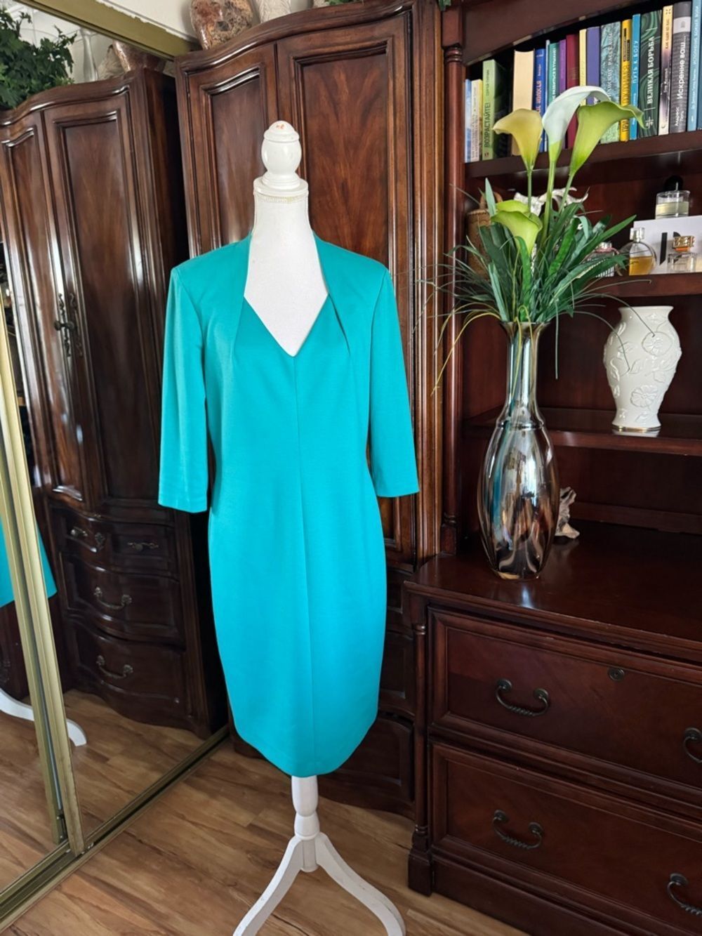 Tahari Teal V-Neck Midi Dress